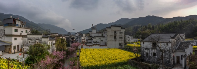 宽幅古徽派村落的田园春色风景摄影图片