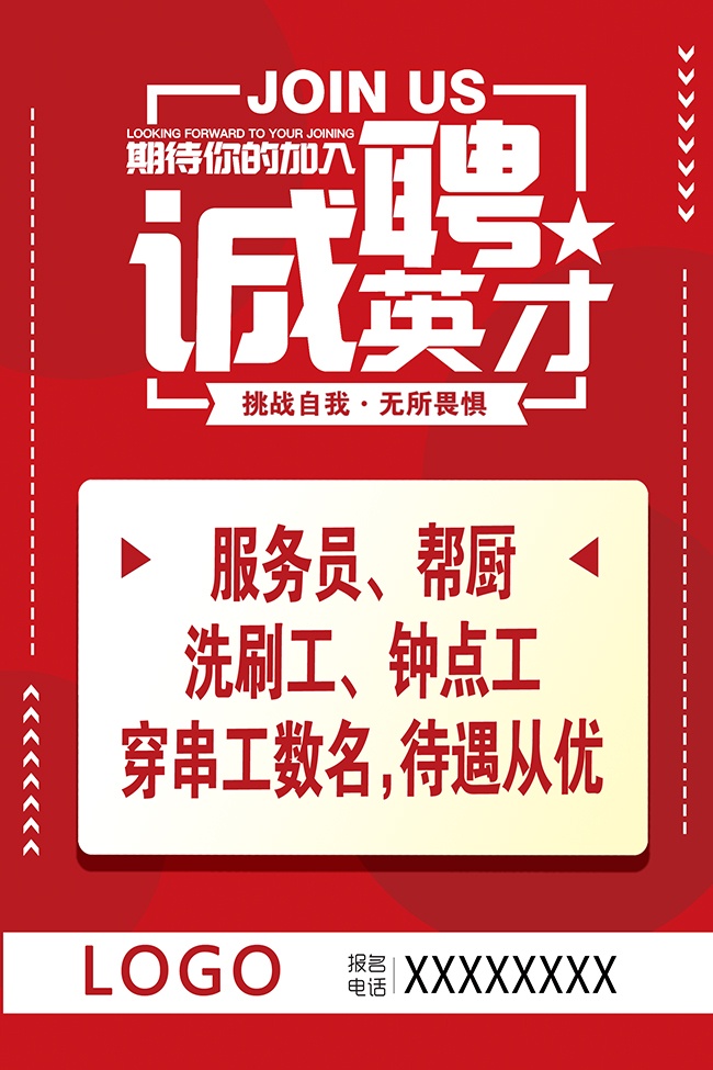 红色简约饭店招聘海报