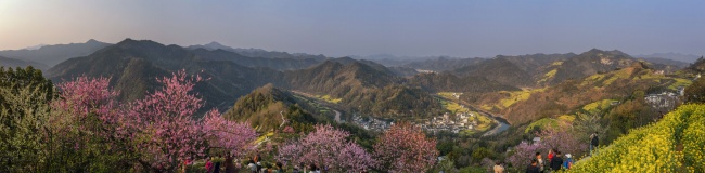宽幅春日山野烂漫花开里的皖南山村春天风景图片素材