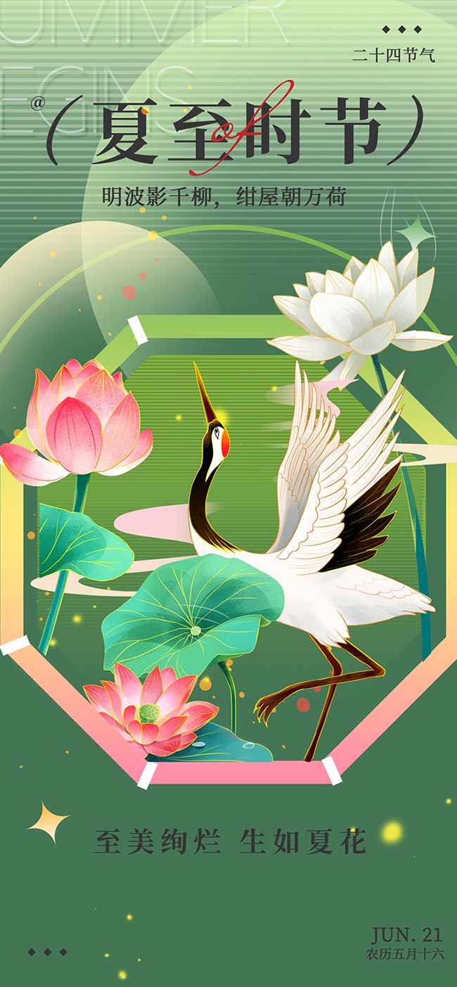 国潮风荷花插画夏至二十四节气海报