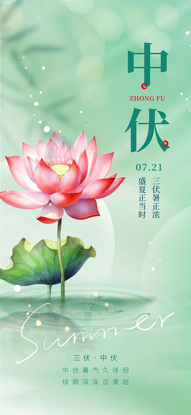 简约小清新中伏夏季三伏海报