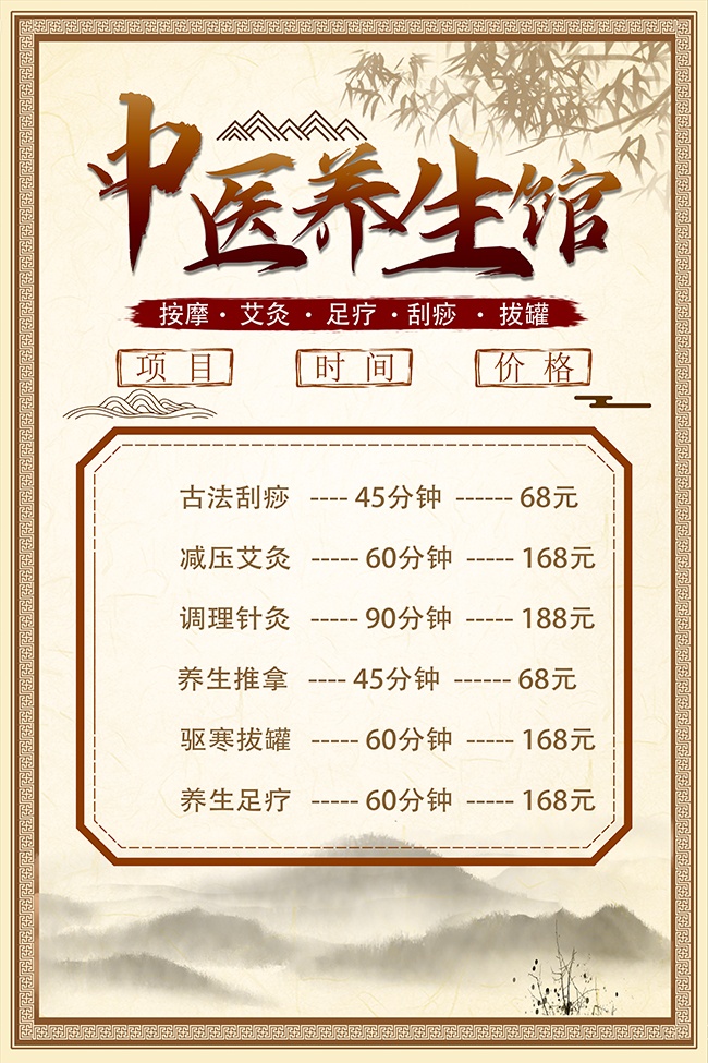 创意复古中医养生馆价目表海报