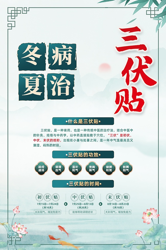 绿色卡通三伏贴冬病夏治中医养生海报