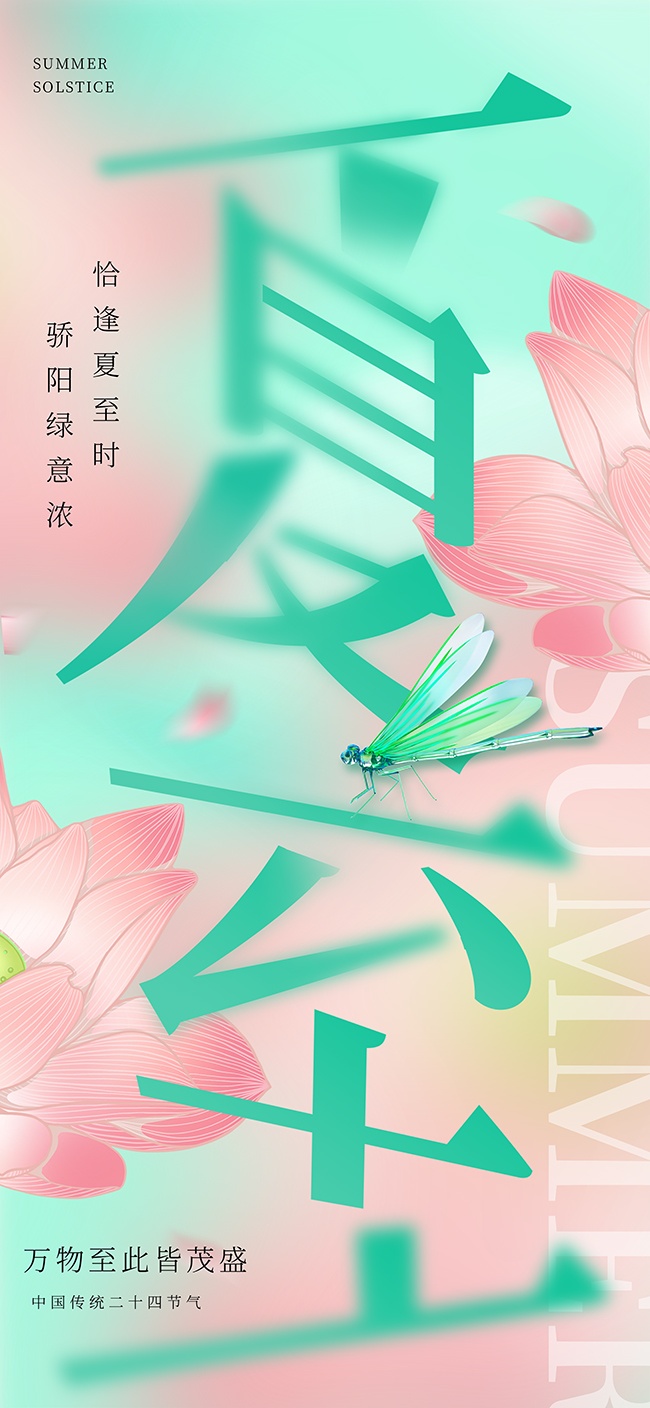 粉色花卉背景夏至二十四节气海报