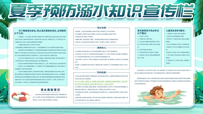 手绘清新夏季预防溺水知识宣传栏