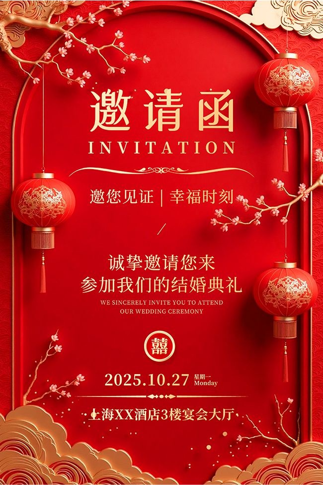 中国风喜庆婚庆订婚邀请函海报