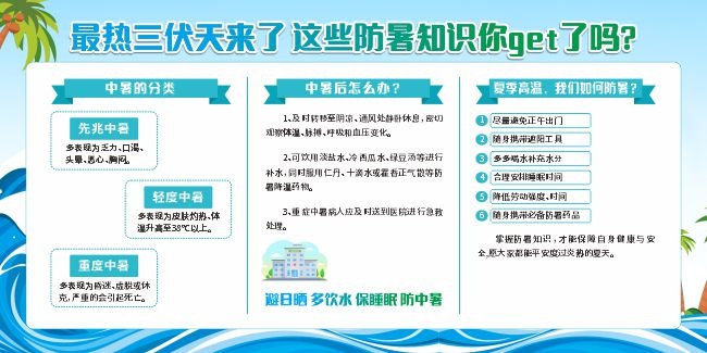 蓝色卡通夏季高温三伏天预防中暑宣传栏