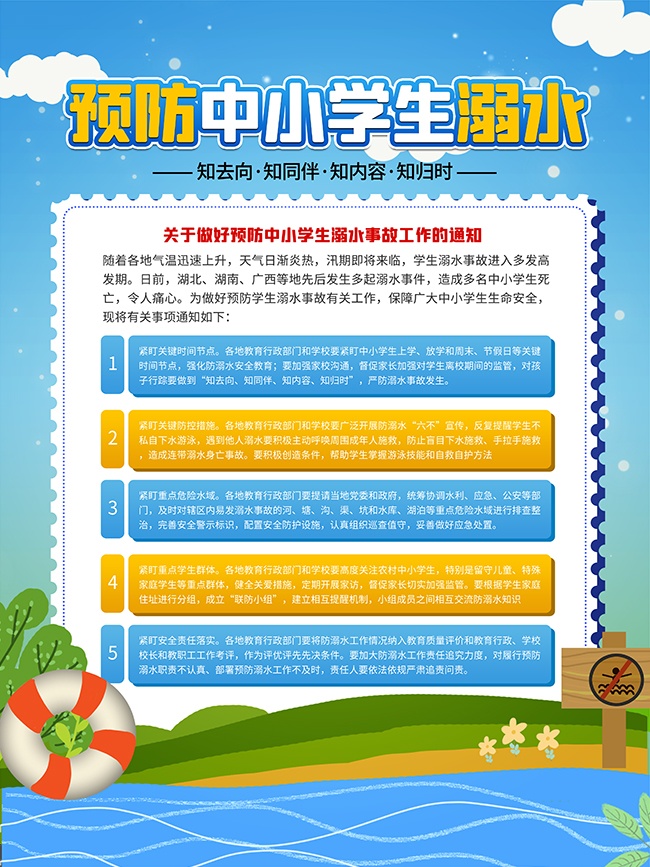 手绘清新预防中小学生溺水暑假安全宣传海报