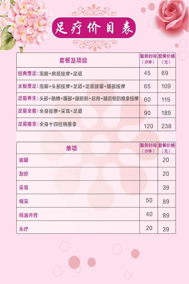 足疗价目表粉色单页海报设计
