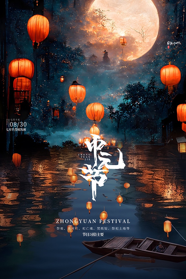 祭祖放河灯七月半中元节广告