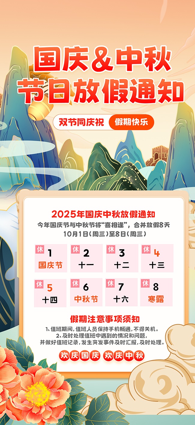 2025年中秋国庆双节同庆放假通知海报