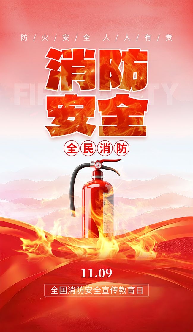 全国消防宣传日灭火器红色创意海报