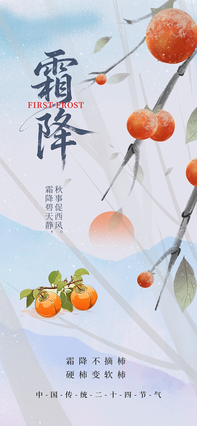 复古风柿子树主题霜降节气广告