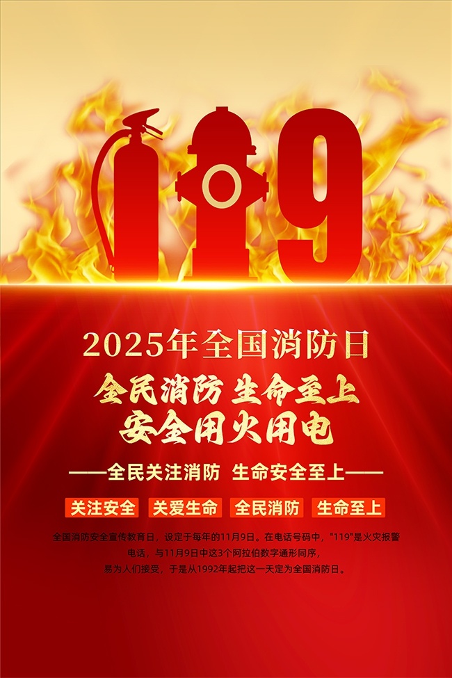 安全用电用火119全国消防日海报