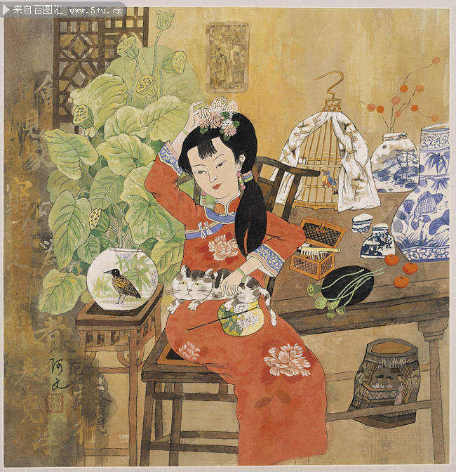 簪花的古典美女版画
