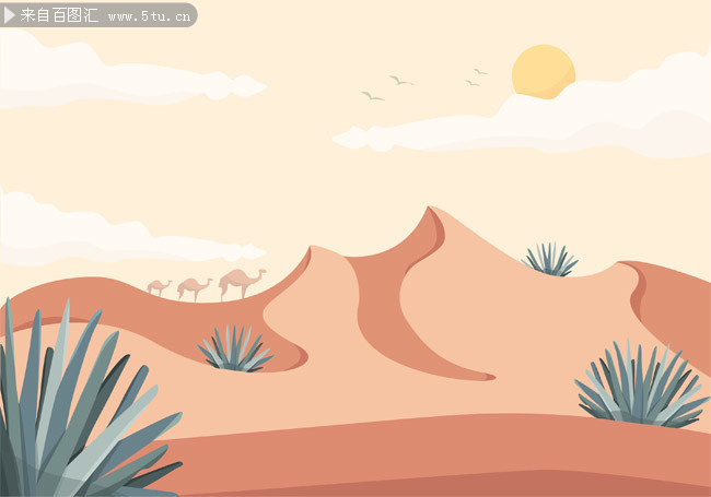 沙漠骆驼卡通风景插画矢量图片