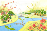 卡通花园 春天风景水彩画