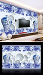 3D电视墙效果 青花瓷电视背景墙