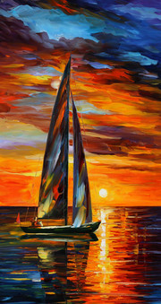 夕阳与帆船油画