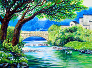 村前的小河风景油画