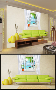 3D窗户海景沙发装饰画下载