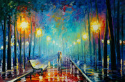 雨夜路灯风景油画