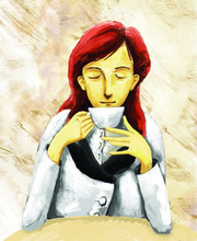 手绘喝咖啡的女人插画图片下载