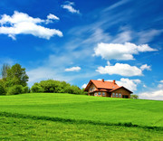 蓝天白云下的农场和草地风景图片