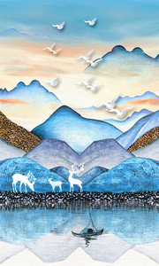彩绘山水麋鹿装饰画图片