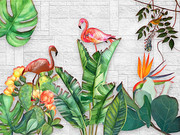 热带植物手绘火烈鸟时尚背景墙图片