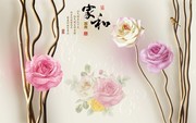 玫瑰花中式3D装饰画墙贴图片