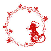 十二生肖老鼠中国风红色剪纸边框