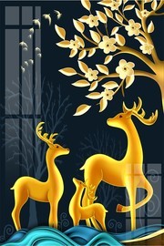 黑金色新中式麋鹿客厅装饰画