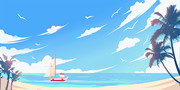 沙滩帆船夏季插画海报背景