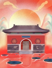寺庙国潮风插画