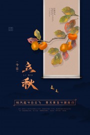 深蓝大气柿子背景立秋节气海报