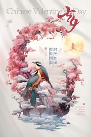 粉色喜鹊背景七夕情人节海报