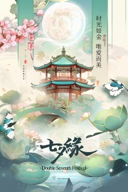 古风荷花池唯美背景七夕情人节海报