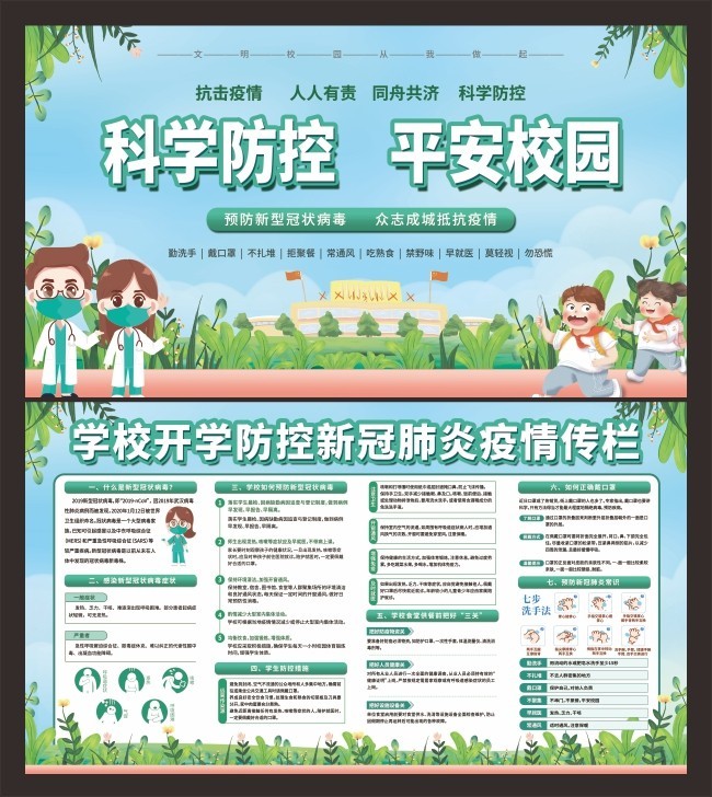 學校開學防疫宣傳欄,主題為學校防疫宣傳欄,可用作校園防控新冠肺炎