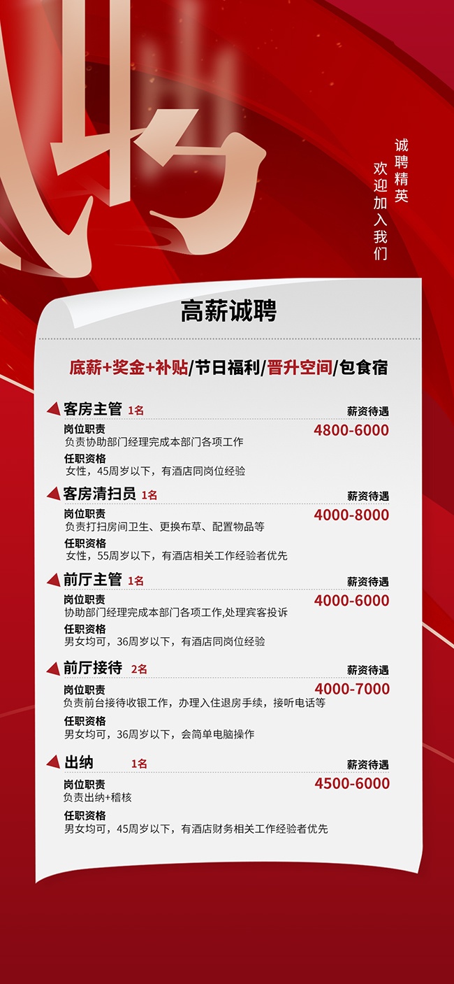 红色酒店招聘海报