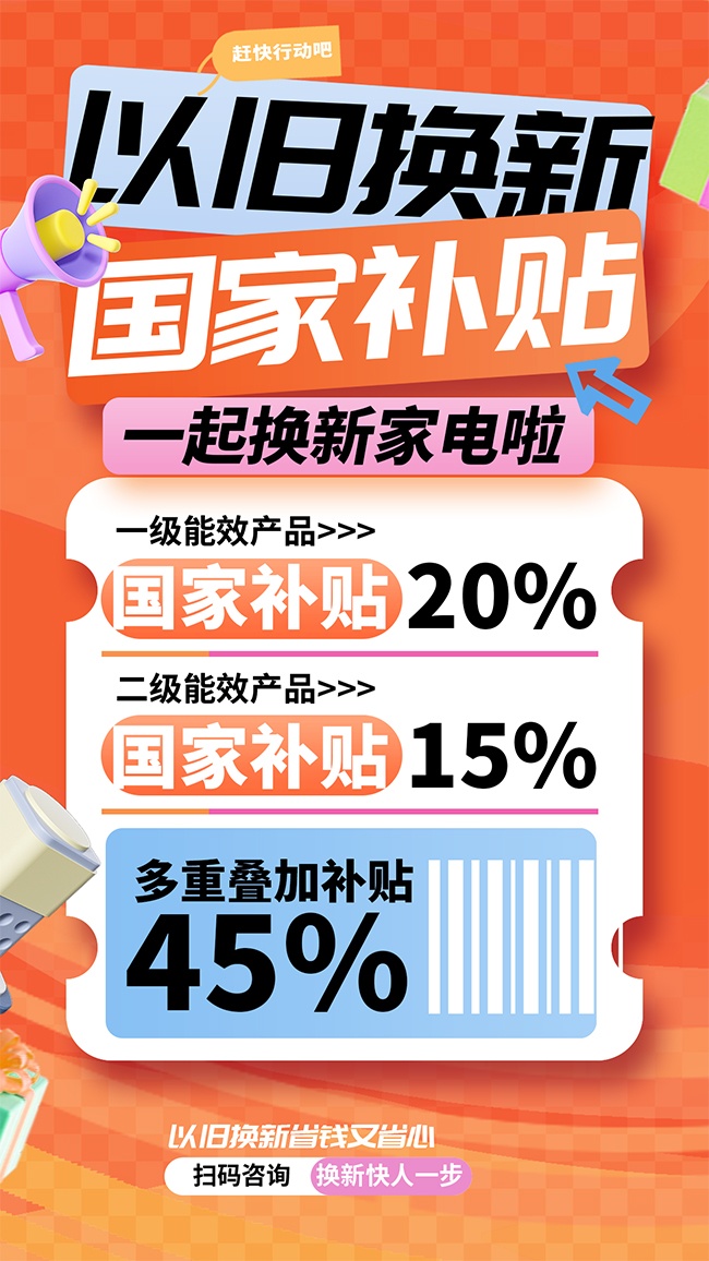 以旧换新国家补贴橙色立体卡通海报