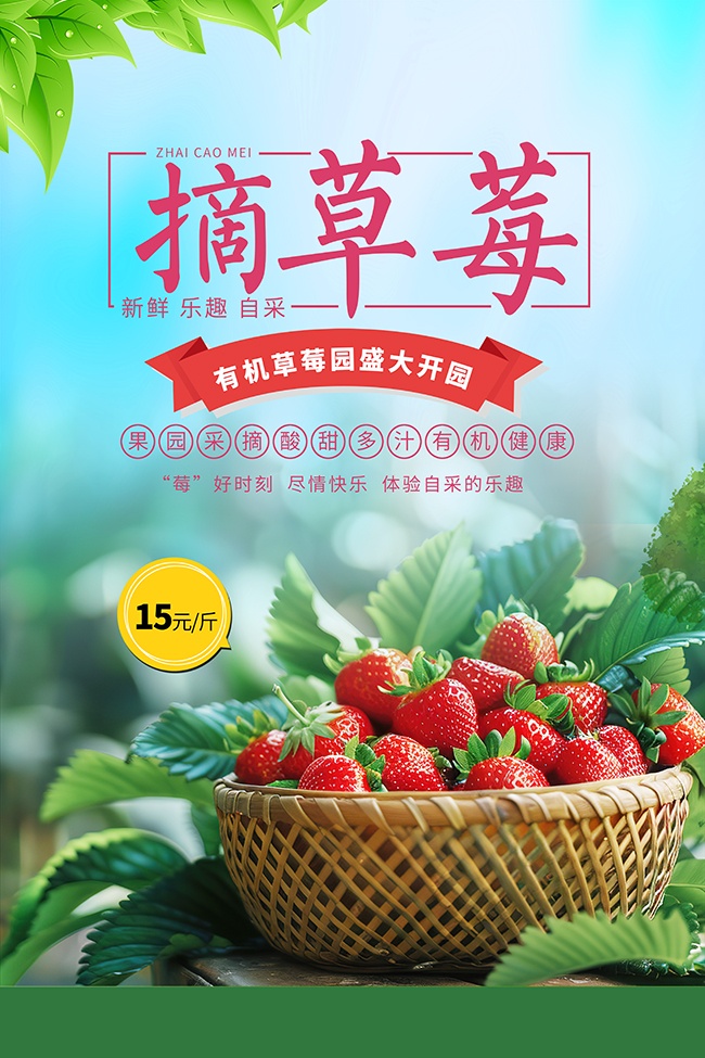 有机草莓园摘草莓水果宣传海报